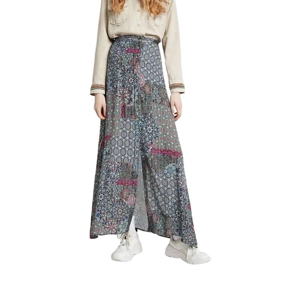 Desigual Icarus Print Button-Front Maxi Skirt‎ Floral Bohemian Size 4 New